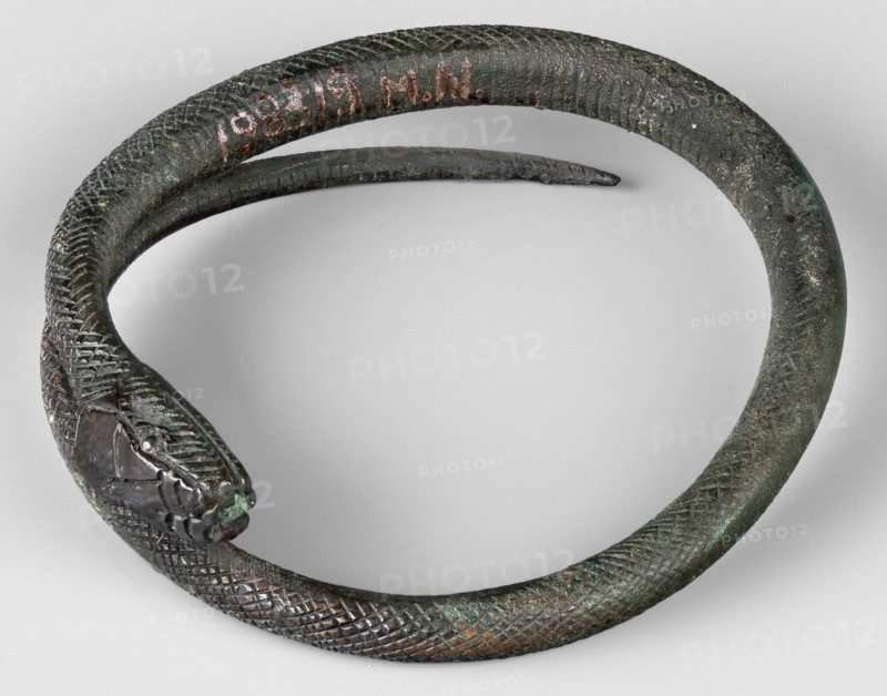 Snake bracelet, snakes, bracelets, 1st century BC, Italy, jewelry; height 2.3 cm, width 9.7 cm, depth 9 cm, weight 174 g;, A coiled object shaped like a snake with textured, scaled surface in dark green and brown tones, with areas of lighter green patina and small orange-brown spots; the head is more detailed with ridged patterns and a darker, almost black section near the mouth, and the body curves into a loose spiral on a pale gray background.