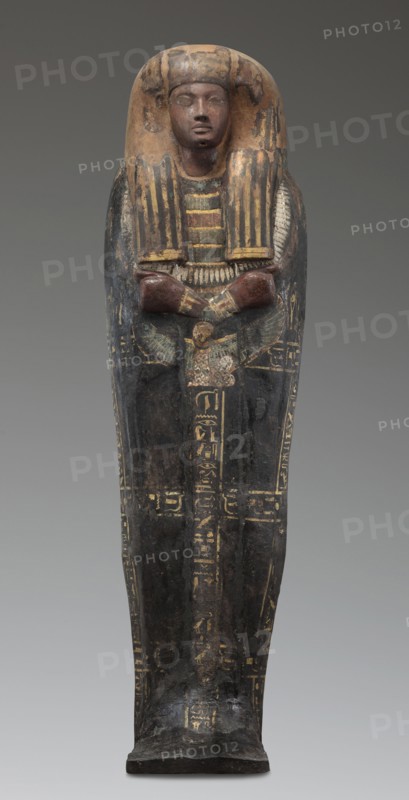 Lid of the sarcophagus of a man named Setau, Setau ca. 1479–1295 BC. Sacrificial formula and hieroglyphic inscriptions: a vertical band runs through the center, two columns along the edge of the lid, and three columns across the lid dividing the surface into six fields. The legs are clearly defined, the arms modeled, hands clenched. Chest bears a richly polychrome seven-row necklace; below the hand is a depiction of the winged goddess Nut. The head is sculpturally detailed: face painted red with large almond-shaped eyes set slightly obliquely; eyeballs clearly defined; pupils and eyebrows highlighted in black; straight, strongly flattened nose; small mouth with wide, full lips. Wig schematically decorated with yellow stripes. Face and hairstyle painted black, rendered in the round. A thin curved beard was formerly present visible in pre-war photo. c. 1479–c. 1295 BC; New Kingdom, late 18th Dynasty, Deir el-Medina tomb 1352, western necropolis; sarcophagus lid; height 192 cm, width 50 c...
