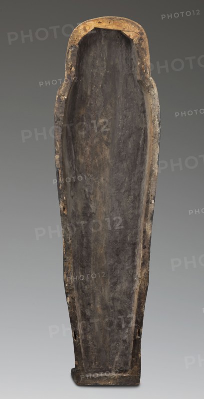 Lid of the sarcophagus of a man named Setau, Setau ca. 1479–1295 BC. Sacrificial formulas; depiction of the goddess Nut; hieroglyphs. A vertical band of inscription runs through the center – the sacrificial formula. Two columns of text along the edge of the lid and three columns of inscription running across the lid divide the surface into six fields. The legs are clearly defined, the arms are modeled, the hands are clenched. On the chest is a richly polychrome seven-row necklace. Below the hand is a depiction of the winged goddess Nut. The head is sculpturally detailed: face painted red with large almond-shaped eyes set slightly obliquely; eyeballs clearly defined; pupils and eyebrows highlighted with black paint; straight, strongly flattened nose; small mouth with wide, full lips. The wig is schematically decorated with yellow stripes. Setau once had a thin, curved beard visible in a pre-war photo. c. 1479–c. 1295 BC; New Kingdom, late 18th Dynasty, Deir el-Medina tomb 1352, western ...
