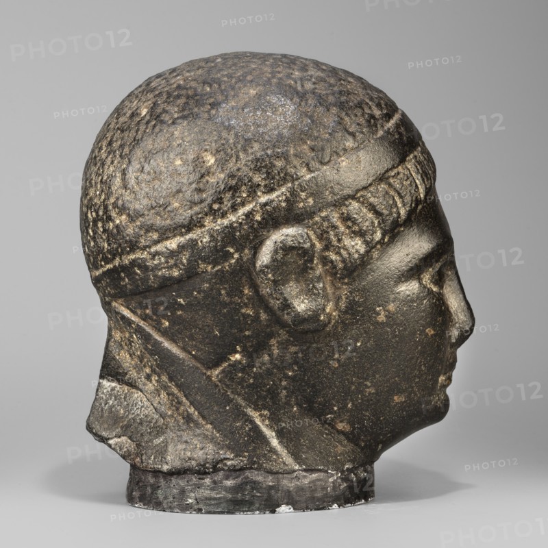 Head of a Ptolemaic prince, Diadems; probable portrait of Ptolemy XV Caesarion ruler of Egypt; 47–30 BC; Ptolemaic period end of the reigns of Caesarion and Cleopatra, Egypt. Egyptian sculpture; sculpture in stone; height 19.3 cm, width 13 cm, depth 17 cm, weight 7.532 kg. Description: head of a man with short hair tied with a headband crossed at the nape of the neck and falling at the ends to the neck. Short, wide strands of hair protrude from under the headband onto the forehead. The face is small with regular features, a straight nose widening significantly downward, prominent lips, a clearly emphasized chin, large deep-set eyes, prominent eyebrows, small ears close-fitting to the head. The upper fragment of the pilaster is visible at the back, with the head resting on it. With underlay 20.5; date circa 44–30 BC., A side view of a sculpted head in dark stone showing a profile with a rounded skull, a defined ear, and a prominent nose and lips; the surface has a textured, pitted appea...
