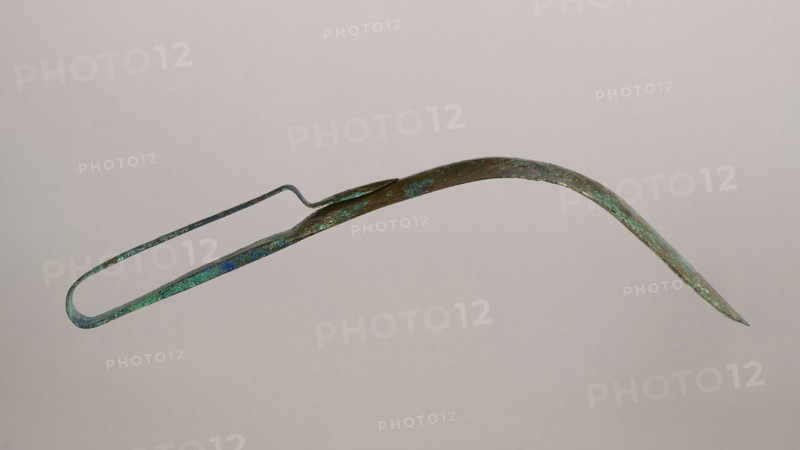 Scraper, Metal scraper with a typical, slightly curved shape consisting of a handle and a blade with a slightly rounded end. 6th–4th century BC, possibly Rome; tool. Height 4.5 cm, width 28 cm, depth 11 cm, weight 0.11 kg., An elongated curved metal object with a narrow looped end and a pointed tip, showing a weathered surface with patches of green and blue patina alongside areas of brown and dark metal, photographed against a light neutral background.
