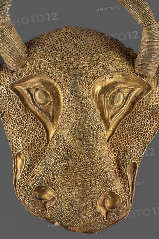 Protoma; bull's head relief mask made in gold using repoussé, granulation, and filigree. Central nostril area features granulation and filigree; cheeks and top use filigree only. Eyes, nostrils, and muzzle are repoussé and bordered with filigree. Small ears and horns are plastically modeled horns soldered on. Reverse closed with an undecorated gold sheet bearing an irregular hole removal of a fastening element. Date: ca. 1450–ca. 1100 BC Middle Elamite period, — alternative datings proposed to the Achaemenid period 600–539 BC and to the second half of the 2nd millennium BC. Place of origin: Elam, Iran. Decoration; height 9.5 cm, width 7.8 cm, depth 2.5 cm; weight 48 g., A close-up of a metallic decorative object shaped like an animal face, showing textured surfaces and raised features in gold tones against a gray background; the surface is covered in a dense pattern of small circular bumps and rings, with smoother, sculpted areas forming stylized eyes, nostrils, and other facial contou...