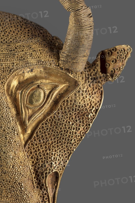Protoma; Protoma in the form of a bull’s head relief mask made in gold using repoussé, granulation and filigree; eyes, nostrils and muzzle repoussé and bordered with filigree; small ears and plastically modeled horns horns soldered on; central part with nostrils features granulation and filigree, cheeks and top feature filigree only. Reverse closed with an undecorated gold sheet with an irregular hole in two-thirds of its height from removal of a fastening element. Function: protoma / bull head. Materials: gold; goldsmithing techniques: repoussé, granulation, filigree, soldering. Dimensions: height 9.5 cm, width 7.8 cm, depth 2.5 cm, weight 48 g. Date: ca. 1450–ca. 1100 BC Middle Elamite period ?; alternative datings proposed to Achaemenid period 600–539 BC and to the second half of the 2nd millennium BC. Culture/place of origin: Elam, Iran. Style: Iranian / Elamite art; Eastern Gaulish Scenic noted; masterpiece., The image shows a close-up of a textured metallic object with a detailed...
