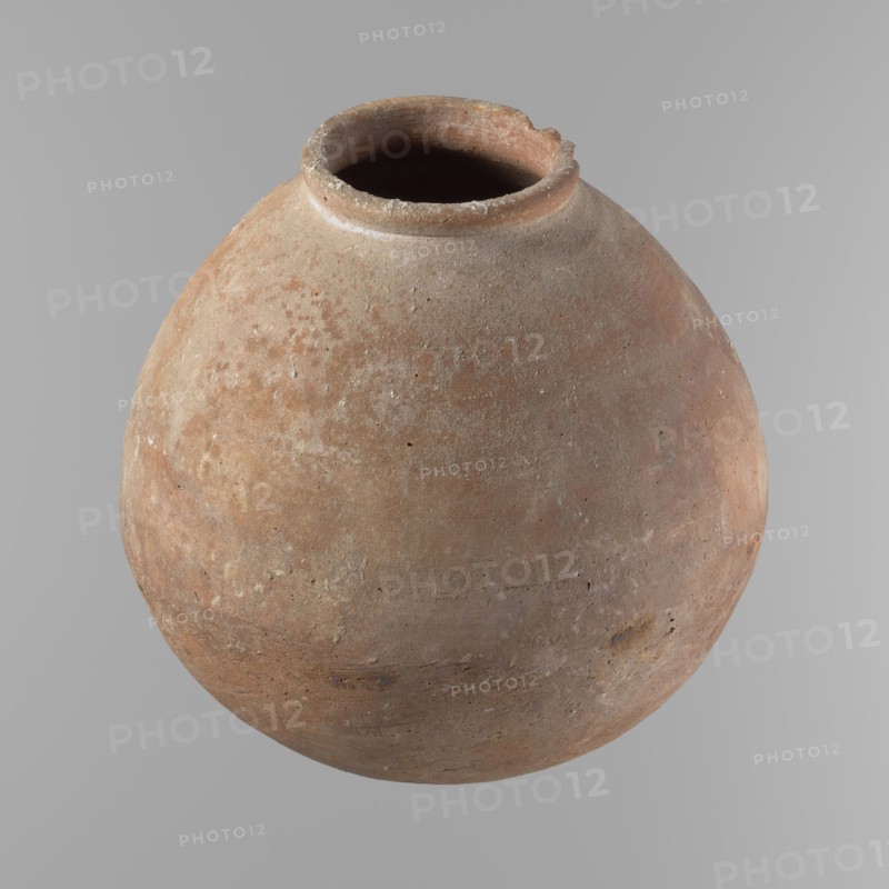 Vessel with an almost spherical belly, widest about 1/3 of the vessel's height. Sloping shoulders. Neck poorly defined — very short and wide. Rounded, slightly flaring rim. Rounded bottom. Made of Nile clay NB. Surface smooth; outer surface finished to about half its height with a knife or similar tool. A rather indistinct cord impression around the widest diameter of the belly. Light red color. Chipped rim and traces of salting in places over the entire surface. Old Kingdom, ca. 2686–2181 BC. Vessel height 24.9 cm; rim diameter 10.3 cm; body diameter 24.2 cm. Comparable to Reisner, Mycerinus, fig. 62.3 types II–III., A round, bulbous ceramic vessel with a narrow open mouth and a slightly chipped rim, showing a rough, weathered surface texture; the vessel displays shades of terracotta, brown, beige, and hints of pale gray, with mottled patches and small pitted areas across its curved body against a neutral light-gray background.