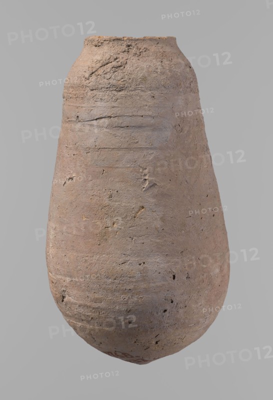 Vessel, Egyptian pottery ceramic clay vessel, New Kingdom, from Deir el-Medina, vessel, height 18.5 cm, diameter 5.2 cm rim, diameter 10.2 cm body, A roughly oval, tall ceramic vessel with a rounded base and narrow slightly flared rim, shown against a plain light gray background; the surface is textured and uneven with visible scratches, small pits, and irregularities, and the overall color palette includes muted tan, beige, light brown, and subtle grayish tones with tiny darker specks.
