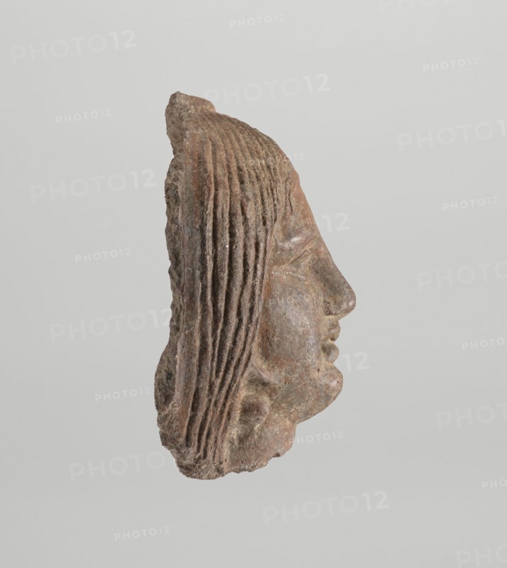 Female votive head, Female head with long, straight hair falling to the shoulders. Neck partially preserved. Elongated face with a receding forehead characterized by wide-open eyes set shallowly under prominent eyebrow arches. Mouth slightly open with fleshy lips, chin protrudes forward, and full cheeks. 2nd century BC, Etruria; votive. Height 20 cm, width 12 cm, depth 8.5 cm, weight 0.94 kg., A carved stone fragment showing the right-side profile of a face with a pronounced nose, closed lips, and a defined chin, with a section of textured hair at the back rendered as parallel grooves; the surface shows rough, weathered texture and irregular edges. The visible colors include shades of brown, reddish-brown, gray, and small areas of lighter beige. The background is a flat, pale gray.
