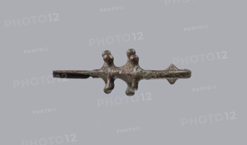 Fibula a Drago, One-piece bronze fibula with an arched ring of circular cross-section bearing four pairs of protrusions terminating in spherical bulges. The transition from the ring to the pin is a flat rhombus. Long cylindrical sheath with a slit for the pin. Preservation: ends of the pin and sheath broken off. Date: 950–750 BC 4th quarter 8th–7th century BC. Finding place: Cumae . Type: fibula. Height 3.2 cm; width 6.5 cm., A small metallic object with a rough, irregular surface suspended against a plain light gray background; the object has a central horizontal bar with a few rounded protrusions and bulbous knobs along its top and bottom, and a thin flat extension on one side with a slightly flared end; visible colors include shades of brown, green, and dark gray with areas of darker patina.