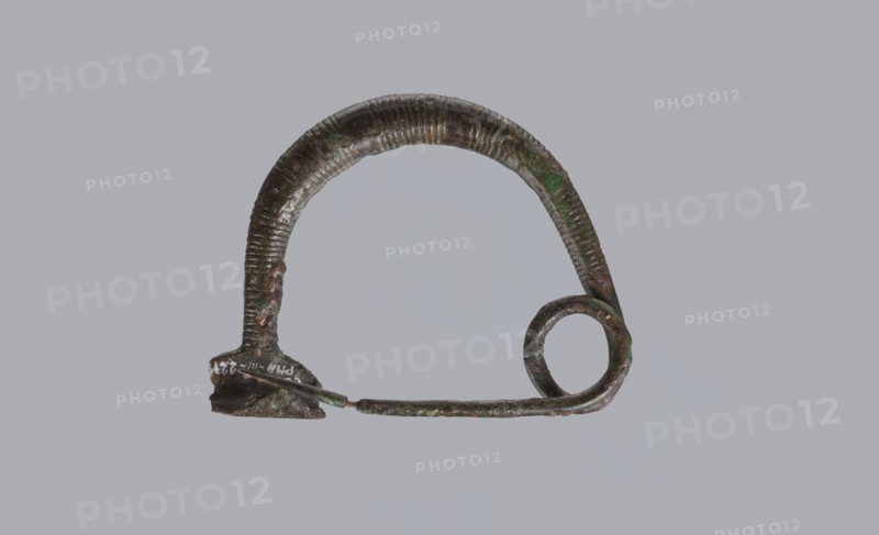 Arched fibula, One-piece fibula with an arched bow made of a round bar, decorated with groups of circumferential notches. A 1.5-turn loop at the transition from the bow to the pin. Condition: sheath damaged. 9th–8th century BC. Southern Italy, possibly Cumae. Bronze. Height 3.2 cm, width 4.2 cm. Fibula ad arco semplice., An aged metal object with a curved arch shape and a spiral loop at one end, showing a textured ribbed surface and irregular corrosion; the metal displays greenish patina and brownish tones against a plain light gray background, with a thin straight rod extending from the base toward the spiral and a small thicker base piece at the opposite end.