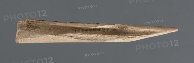 Awl, Early Jazira III / Early Dynastic III period ca. 2600–ca. 2350 BC. Elongated awl, triangularly sharpened at one end; material: bone; function: tool. Origins/place: Al-Jazira Northern Mesopotamia, Khabur basin, Tell Rad Shakra northeastern Syria. Dimensions: height 8.5 cm, width 1.5 cm., A single elongated, pointed object lies horizontally against a solid gray background, showing a few rough, textured surfaces with irregular pitting and scratches. The object displays a range of beige to light tan tones with some areas of darker brown discoloration and subtle off-white highlights. Its shape tapers to a sharp point at one end and has a slightly flattened, hollowed, or scooped channel running along its length, with uneven, chipped edges and granular surface detail visible along the sides.