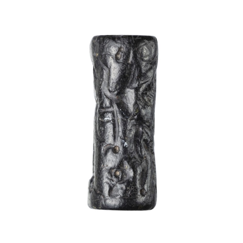 Cylinder seal with a mythological scene, unknown Cypriot workshop; mythological scene depicting two human figures dressed in long, crosswise pleated robes, standing opposite a winged lion standing on its back. The first figure holds the lion's lowered left front paw with its outstretched right hand; its left hand is lowered. The second figure, standing behind the first, holds a four-legged animal hanging upside down by its hind legs in its right hand; its left hand is lowered and extended towards the lion's hind legs. The animal is squeezed into a narrow space between the standing figures. Fantasy creatures; winged lions; Eastern Gallic scene. 14th century BC, Late Bronze Period previously dated 15th–14th century BC. Cyprus Near East. Seal. Height 2.55 cm; width 1 cm., A single vertically oriented cylindrical object with an uneven, textured surface that appears carved or molded, shown against a white background; the object is dark in color with shades of black and very dark brown, and ...