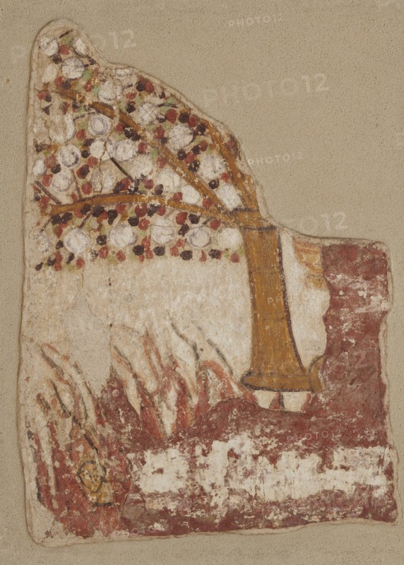Wall painting. Tree and human figure in flames, Nubian workshop, wall paintings, tree iconographic. Yellow trunk, branches covered with dark green, brown, and red leaves and white round fruit. On one of the branches hangs a yellow vessel decorated with red stripes fragmentarily preserved. Under the tree are visible red flames, from which a yellow human head emerges. The painting was located immediately adjacent to the depiction of the anchorite Melas, painted on the left side of a composition showing Bishop Marianos with Christ and Hodegetria. Its fragmentary state of preservation does not allow for the unambiguous determination whether it belongs to a composition depicting the anchorite. 53 x 40.3 x 3.1 -3.5 ; Original plaster: 47 x 35, ca. 1005–1036; Faras; wall painting; height 53 cm, width 40.3 cm, depth 3.1–3.5 cm; height 47 cm, width 35 cm, A worn painted fragment showing a tree with a brown trunk and yellowish-brown branches bearing a group of circular pale fruits and a few smal...