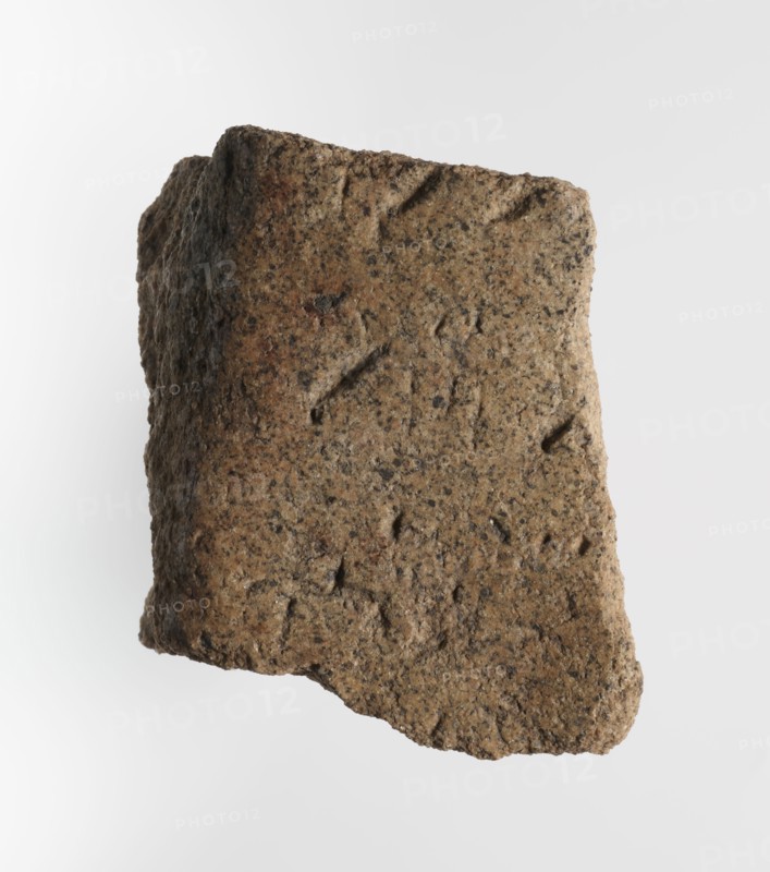 Inscription - fragment, unknown,  craftsman, inscriptions, Granite fragment with engraved hieroglyphic inscription, 760–653 BC; Third Intermediate Period; 25th Dynasty, Old Dongola type of site / place of finding, inscription, height 8 cm, width 7 cm, A roughly rectangular piece of rough, porous material with an uneven, jagged edge, shown against a plain light background. The surface is textured with small pits and irregularities and shows a grainy, speckled appearance. The visible colors include shades of brown, tan, beige, and darker flecks of black or dark gray, with subtle warmer brown patches in places. The object has areas of shadow along one side indicating depth and uneven thickness, and the top edge appears slightly rounded while the bottom edge tapers irregularly.