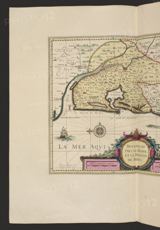 Bovrdelois, Pays de Médoc et la prevosté de Born; Valck, Gerard 1651/1652–1726 publisher; Schenck, Pieter 1660–1711 publisher; cartography/map of France — Bordeaux region; 1711; map; 37.6 cm × 48.0 cm., The image shows a vintage map section with a decorative border and a beige background, featuring a coastline with land colored in shades of green and tan and outlined in brown and red, and the sea in pale blue-gray with darker blue shading near the shore; a group of small stylized trees and tiny buildings in green and reddish-brown dot the land, and there are several curved inlets and peninsulas. A colorful compass rose with green, red, and gold accents appears over the water, and a small sailing ship with brown and cream sails is depicted on the sea. Ornate cartouches in deep blue, pink, red, and gold sit near the lower right, decorated with scrollwork and foliage in green, and a pale pink rectangular scale bar is partially visible. The map paper has a wide creamy margin and a vertical...