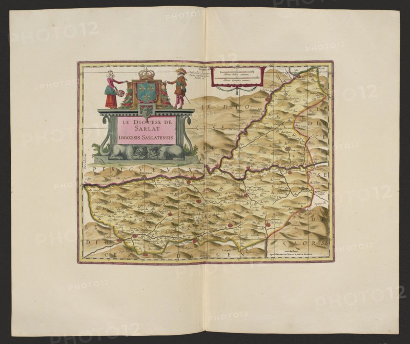 Le Diocese de Sarlat = Diocesis Sarlatensis; Schenck, Pieter 1660–1711 publisher; Valck, Gerard 1651/1652–1726 publisher; map; cartography; France; 1711; Amsterdam; height 36.7 cm; width 45.4 cm, A rectangular antique map centered on a large cream sheet, with a decorative cartouche at the upper left of the map area topped by a crown and flanked by two small standing figures, one in red and green and the other in brown and red, with draped ornamental elements in pink and green; the map field shows a hilly landscape rendered in shades of tan, beige, and light brown with darker brown shading for relief, outlined regions traced in pink and yellow, and scattered small red symbols indicating settlements; thin black gridlines and fine black ink place names cover the mapped area, while the surrounding margin is pale cream with a thin pink and purple border framing the map.