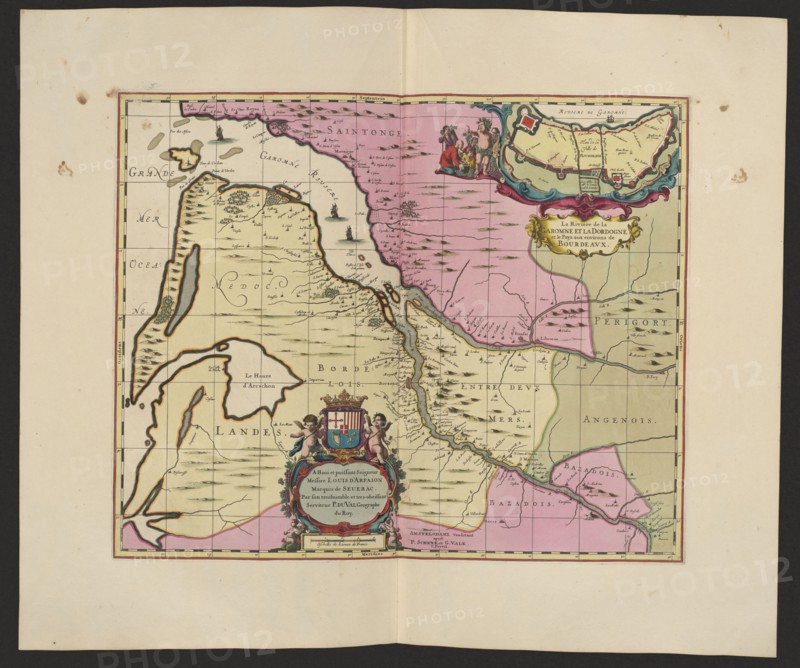 La Riviere de la Garomne et la Dordogne et la pays aux environs de Bourdeavx; map of Bordeaux region, 1711. Maker: Pieter Schenck 1660–1711; publisher: Gerard Valck 1651/1652–1726. Cartography; map; dimensions: height 43.0 cm, width 51.8 cm., A colored antique map sheet showing a rectangular map frame centered on a cream background with a dark outer margin; the map interior features regions filled with pale yellow and pale pink washes, with thin black grid lines and darker hand-drawn coastlines and rivers; decorative cartouches appear at top right and bottom center with small painted human figures and ornamental scrollwork in colors including red, blue, green, gold, and flesh tones; small stylized ships and clusters of short black strokes suggestive of waves or topographic marks appear in the sea and land areas; thin black ink place marks and small pictorial trees or hills are scattered across the pale areas; the map border is outlined in red and black, and the sheet shows small foxing...