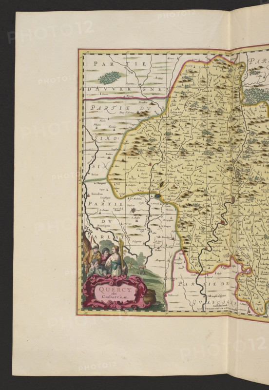 Quercy olim Cadurcium, Valck, Gerard 1651 aut 1652-1726 publisher, Schenck, Pieter 1660-1711 publisher, cartography, France, Cahors France, map, 1711, Amsterdam, height 43.3 cm, width 47.7 cm, A portion of an antique map sheet showing the left half of a detailed map panel with hand-colored boundaries and terrain markings; the map area has a pale yellow background with shaded brown hills, clusters of green trees, and thin winding dark lines for roads or rivers, while some border lines are outlined in pink and yellow. Along the left edge is a wide pale beige margin and a narrow decorative border in red and yellow framing the map. In the lower left corner there is an ornate cartouche in deep pink with decorative scrollwork, set against a small scene of a group of several people wearing period clothing in muted colors including green, blue, brown, and off-white, with a green landscape behind them. The map contains many small dark script-like marks and tiny pictorial symbols scattered over ...