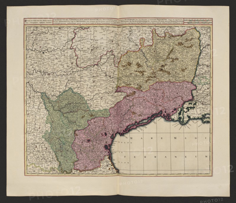 Praefectura generalis Languedociae olim Occitania dicta, cujus partes, superior sive occidentalis, et orientalis inferior, atque ad Aquilonem tractus Cebenicus vulgo les Sevennes sunt, primam quarum praeter suos in Archiepiscopatum Tolosanum, Albianensemque, Comitatum Fuxii, alteram Narbonense, Archiepiscopatum, Ambarumque porro, ut et tertia parte in varias primariarum earundem urbium dicecese atq. regiones episcopalenses, exacte hacce tabula disitinxit. Gerard Valck 1651/52–1726 and Pieter Schenck 1660–1711, map of Languedoc France, 1711; map; height 48.7 cm, width 57.7 cm., A rectangular, aged paper map with a pale beige background and darker beige border area, showing a coastal region with a large sea area at the bottom right colored a very light tan; the land is divided into several irregular regions shaded in muted green, muted pink, and pale yellow, each outlined in thin colored lines. The map contains a dense array of tiny printed place marks and short lines indicating settleme...