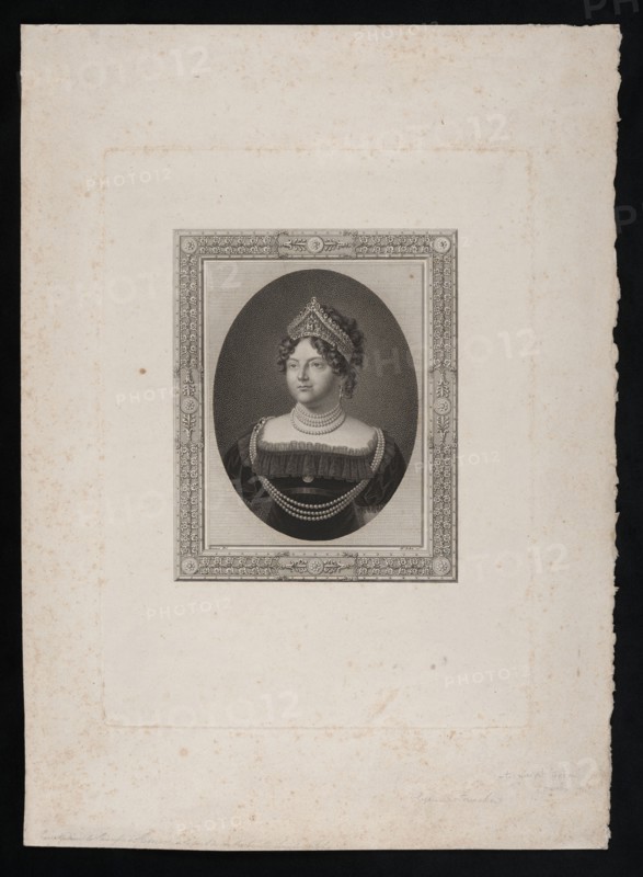 Maria Feodorovna Sophie Dorothea of Württemberg, 1759–1828, wife of Tsar Paul I. Engraving after a portrait painted by Jean Henri Benner in 1821 depicting Maria Feodorovna wearing a famous diamond tiara and a pearl necklace. The tiara, made around 1800, contains 1,386 Brazilian diamonds and ancient Indian briolettes and is centered by a historic 13-carat pink diamond purchased by the Tsar. Friedrich John Friedrich Theodor Michael John, 1769–1843 — who studied in Vienna, painted portraits including Józef Poniatowski after Benner and later turned to illustrations from 1822 — is associated with the engraving; the print bears a dedication to Helena Radziwill née Przezdziecka, 1753–1821. Graphic print, Vienna, 1821. Height 29.9 cm, width 22.4 cm., A monochrome engraved portrait of a woman set within an ornate rectangular frame and an inner oval vignette, showing a bust-length view of a woman with curled hair and a decorative headpiece, wearing a dark off-the-shoulder dress with layered ruff...
