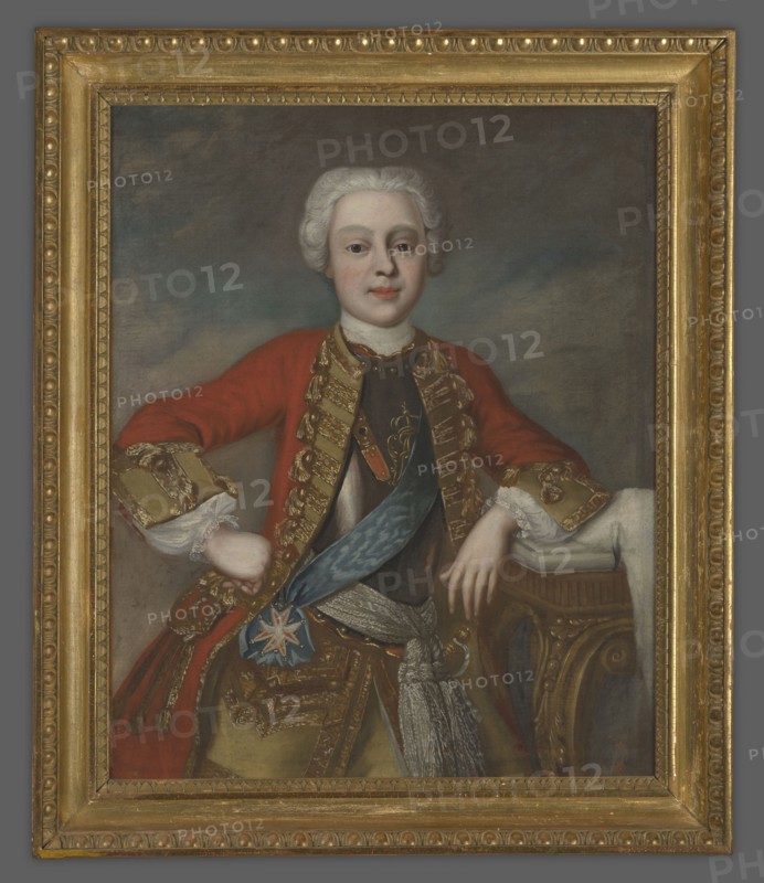 Son of King Augustus III, Frederick Christian Leopold Wettin 1722–1763?, unknown artist. Standing three-quarters turned slightly to the right, looking straight ahead. Age approx. 15. Hazel eyes. A grey wig en catogan. Dressed in a red justaucorps with gold braiding, under it a cuirass, worn over a yellow, gold-braided waistcoat, revealing the collar and cuffs of a white shirt. On the cuirass are the gold initials FA, topped with a royal crown. Across the chest is a blue ribbon with the Order of the White Eagle, and at the waist is a belt of silver cords with fringes. At the left side is a rapier hilt. The right hand is resting akimbo, the left resting on the tabletop, on which is a fragment of an ermine cloak. In the background, the sky is covered with gray clouds. 1730–1770, Dresden. Portrait, 81 × 65 cm., A painted portrait of a person with pale skin and powdered white hair wearing an ornate outfit, seated against a muted cloudy background in tones of gray and blue; the clothing incl...