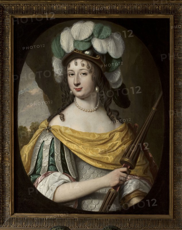 Christina Vasa 1626–1689 in Minerva's costume, painted by Pieter Nason 1612–ca.1688/1690. The identification of the portrayed person is not certain. The helmet, armor, and lance are attributes of Minerva, the Roman goddess of peace and victory, patroness of art and science. The portrait combines iconographic elements of Minerva Pudica and Alma, 17th-century representations of the goddess. The painting has traditionally been recognized as a portrait of Christina, Queen of Sweden, who was called Minerva of the North by her contemporaries. 1663, Netherlands. Portrait; 89 × 69 cm., A framed oil portrait of a woman shown from the waist up, wearing a decorative helmet topped with large white and green plumes, dark curled hair with short ringlets at the forehead, and pearl earrings and a pearl necklace; she has a pale complexion and a neutral facial expression with slightly red lips. She is draped in a golden yellow fabric over armor with scalloped metal plates and green and white sleeves, on...