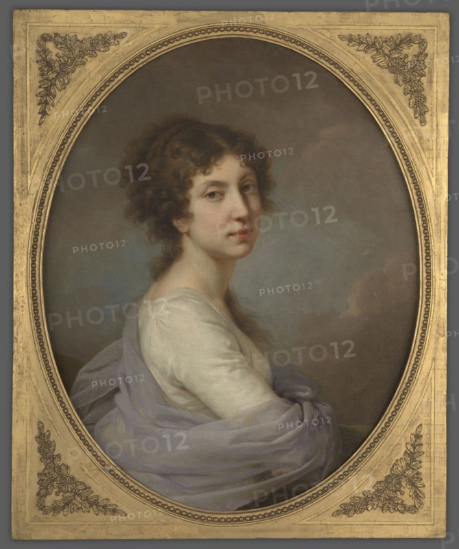Marianna Zamoyska, née Granowska 1774–1846. Portrait by John Lampi the Elder 1751–1830. Oil painting, portrait, half-length; body in profile, head turned three-quarters to the left. Dark hair pinned high, braids falling along the neck and left shoulder. White dress with a blue coat draped on the shoulders. Cloudy sky background. Inscription on the reverse of a later copy: Maria, née Granowska, the entailor of Zamoyska. Date: 1801 original; later 19th-century copy 4th quarter., A painted portrait of a young person with pale skin and curly brown hair, shown in three-quarter view inside an oval frame; they wear a light-colored garment with a sheer lavender shawl draped around the shoulders, and their expression is calm with slightly turned lips and relaxed eyes. The background is a soft mix of muted grays and blues with subtle cloud-like shapes. The oval painting sits within a rectangular decorative frame that is gold in color with ornate floral corner embellishments and a beaded inner ed...
