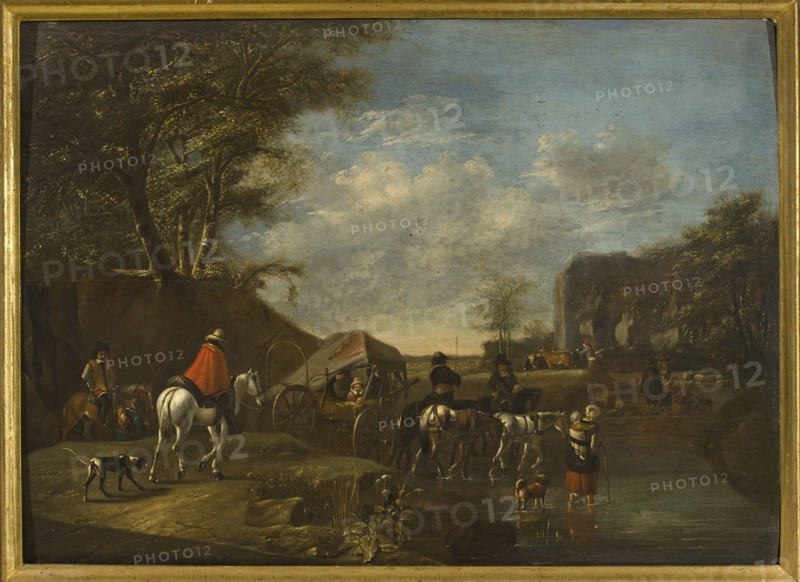 Crossing the River, unknown painter Dutch, 17th/18th century, painting, oil on panel, height 47 cm, width 64 cm, A landscape painting shows a group of people, animals, and carts near a shallow body of water under a partly cloudy sky. On the left a large tree with green foliage rises above a darker embankment. In the foreground a person wearing a red cloak rides a white horse, followed by a dark dog and accompanied by other riders and a covered wagon with wooden wheels and a figure inside. Toward the center and right several horses and a few riders are wading through the water, and a person standing in the water holds a staff and is accompanied by a small dog. In the background to the right there is a group of trees and a ruined stone structure with arches, near which a few more figures and cattle are visible. The color palette includes blues and grays in the sky, greens and browns in the foliage and earth, darker browns and blacks in the animals and figures, white on the horse and high...