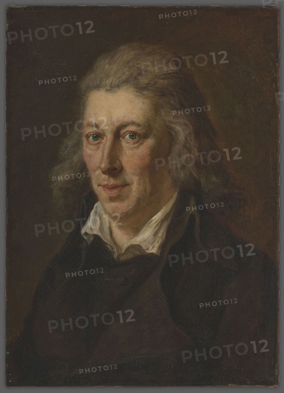 Michal Gedeon Radziwill 1778–1850, unknown author. Bust en quatre, turned slightly to the left, looking straight ahead. Ash-colored light graying hair, gray-blue eyes. Dressed in a black redingote coat with a black frock coat underneath; white shirt collar unbuttoned at the neck. Brown-olive background. Portrait, before 1850. Height 55.0 cm; width 39.3 cm., A painted portrait of a person shown from the chest up against a dark background, featuring light skin tones, grayish hair that is shoulder-length and slightly wavy, greenish eyes, and a neutral facial expression. The subject wears a dark coat or jacket over a white or off-white collar that peeks out at the neck. Visible colors include brown and dark brown in the background and clothing, gray in the hair, green in the eyes, pale pink and beige in the skin and cheeks, and white in the collar.