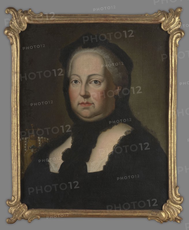 Maria Teresa Habsburg 1717–1780, in mourning attire, unknown author. Bust turned three-quarters to the left, gaze straight ahead. Gray wig, gray eyes. Dressed in a black dress and a black lace bonnet. Black earring. White lace on the chest. Hungarian crown of St. Stephen in the left background. Olive background. Portrait painted probably after the death of her husband Francis I, after 1765, Poland. Portrait. Height c. 54.5 cm, width c. 43.1 cm., A painted portrait of an older person shown from the chest up wearing dark clothing and a dark head covering, with visible pale skin tones on the face and chest and subtle pinkish cheek coloring; the person has light gray hair visible at the temples and a neutral facial expression with softly rendered eyes and lips; the clothing includes a dark scarf or wrap around the neck and a lighter fabric peeking at the neckline; the background is a muted dark brownish-olive tone and a decorative golden object with a cross is partially visible behind the ...
