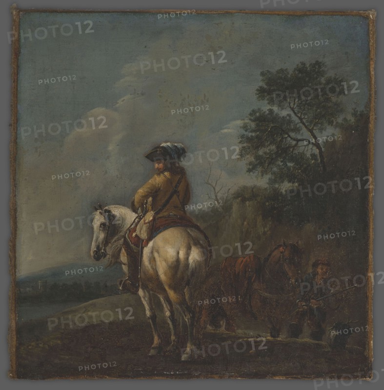 Officer on a White Horse, Pieter Wouwerman 1623–1682, ca. 1665, oil painting, Western Europe; height approximately 25.0–25.5 cm, width approximately 23–24.5 cm., A painted scene shows a person seated on a white horse facing slightly toward the viewer, wearing a brownish coat and a dark hat with a pale plume, and a saddle with reddish and bluish accents; the horse has visible muscle shading in white and gray tones. To the right, a darker horse with a reddish-brown drape stands near a second figure who holds a long object and wears darker clothing with a reddish head covering. The background features a hillside with a group of dark green and brown trees and a cloudy sky in muted blue and gray; the foreground ground is dark brown and green. Overall colors visible include white, gray, brown, dark green, reddish-brown, blue, and muted yellow.