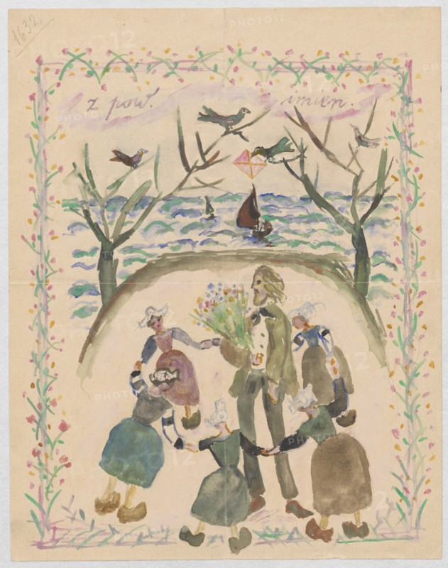 Name day card for Maria Mickiewiczówna by Tadeusz Makowski 1882–1932. Drawing on both sides of a card; includes self-portraits, portrait of Maria Mickiewicz 1868–1952, depiction of painters, portraits of artists, easels, men's portraits, and name day wishes. Inscribed as a letter; dated September 1917, created in Le Pouldu. Medium: drawing; dimensions: height 22.9 cm, width 17.9 cm., The image shows a hand-painted scene with pastel and muted colors including green, blue, pink, purple, brown, beige, yellow, and black. A central tall figure in green stands holding a bouquet of multicolored flowers while a group of several smaller figures in dresses and aprons, in shades of blue, green, brown, and gray, hold hands and form a circle around the central figure. Above them is a curved arch suggesting a horizon, beyond which a body of water in wavy blue and green tones stretches across the middle of the picture with a small brown sailboat on it. Leafless tree branches in dark green and brown r...