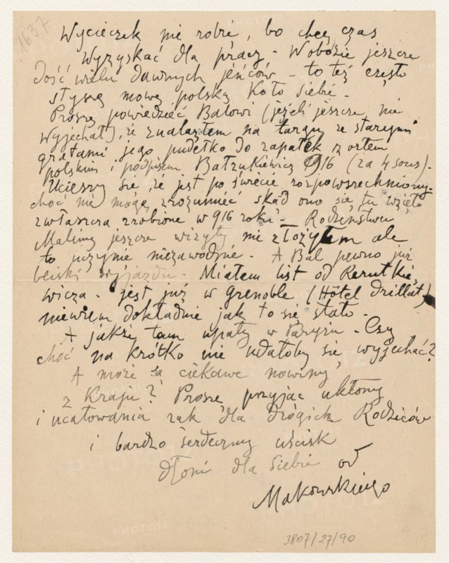 Letter to Maria Mickiewiczówna with a drawing view of the bridge in Espaly, Makowski, Tadeusz 1882–1932 author, Espaly-Saint-Marcel France, Mickiewicz, Maria 1868–1952 - addressee, one page; both sides written; drawing at the top of the first page, 23/08/1919, letter, manuscript, drawing, height 23.0 cm, width 18.0 cm, The image shows a single aged sheet of paper with handwritten cursive covering most of its surface; the paper is a beige or light tan color with slightly darker edges and a few small darker spots. The handwriting appears in dark ink that ranges from black to dark brown and varies in thickness and intensity across the page. There are several areas where the ink is heavier and lines overlap, creating darker clusters, and a few lighter, more faded strokes. The writing fills nearly the entire page, leaving a narrow blank margin around the edges and a slightly wider blank space at the bottom. In the top left corner there is a faint mark made in a softer medium that appears gr...