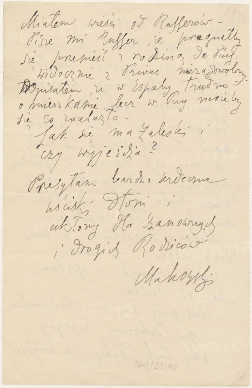 Letter to Maria Mickiewiczówna from Tadeusz Makowski 1882–1932; addressee: Maria Mickiewicz 1868–1952. One-page manuscript letter, written on both sides, dated 22 July 1918, Espaly-Saint-Marcel. Height 20.9 cm; width 13.5 cm., A vertical sheet of cream-colored paper with handwritten dark gray ink cursive across the upper two-thirds, the writing varying in pressure and thickness and showing a few crossed-out marks; the lower third of the page is mostly blank with faint reverse impressions of writing visible beneath the surface; the paper shows subtle creases and a horizontal fold line near the center, and the edges display slight wear with a narrow margin of lighter discoloration around the perimeter.