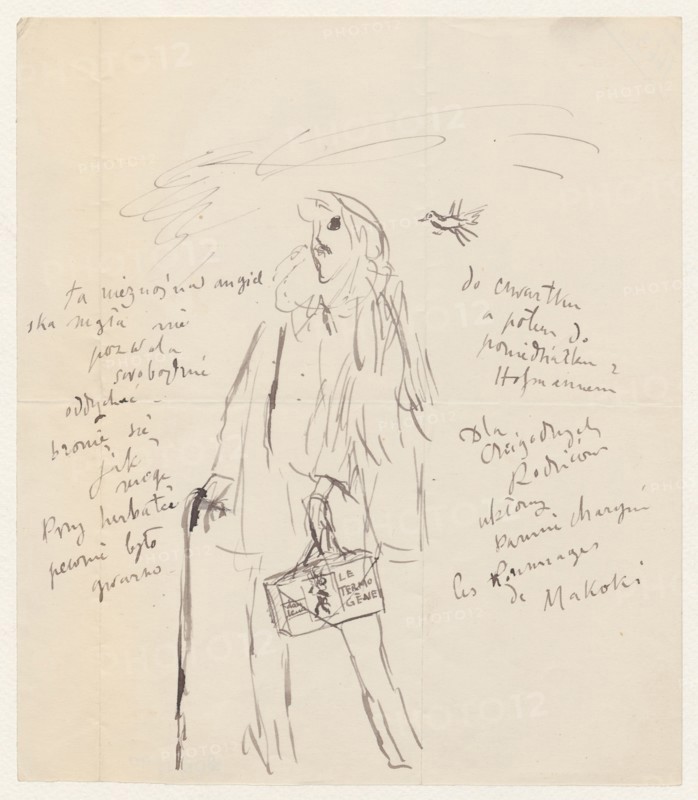 Letter to Maria Mickiewiczówna with a drawing: self-portrait of the artist in a coat and beret, with a cane. Tadeusz Makowski 1882–1932, author. Self-portrait; addressee Maria Mickiewicz 1868–1952. One page; text and drawing on recto. Letter, manuscript, drawing, 1917–1932, Paris . Height 23.0 cm, width 19.9 cm., A hand-drawn ink sketch on off-white paper showing a standing figure wearing a long coat and a hat, holding a walking stick in one hand and a small rectangular case in the other, with loose flowing lines indicating hair or a scarf; a small bird is sketched near the figure's head and there are several scribbled marks and handwritten notes around the figure. The visible colors are off-white background with dark brown or black ink lines and slight tan aging at the edges.