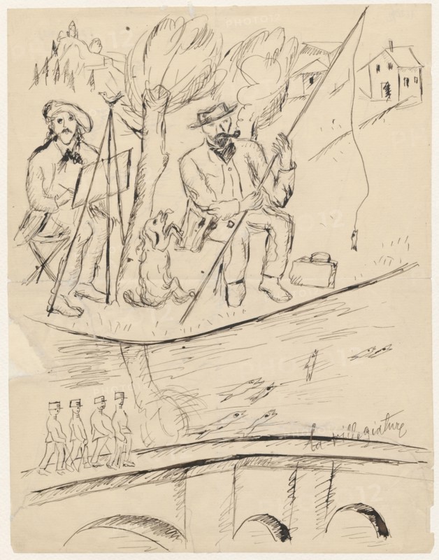 Un dimanche a la campagne... - drawing attached to a letter to Maria Mickiewiczówna; Makowski painting a picture outdoors, accompanied by Boleslaw Balzukiewicz fishing and his dog Malina. Tadeusz Makowski 1882–1932 draughtsman/author; self-portraits; Boleslaw Balzukiewicz 1879–1935; painting accessories; iconography of Balzukiewicz and Makowski; painters; Maria Mickiewicz 1868–1952 — addressee; portraits of artists; easels; fishing; dogs. Loose leaf, drawing on the recto page, author's comment on the verso page. Dated 22/07/1918, Espaly-Saint-Marcel. Drawing, 26.9 × 20.9 cm., A hand-drawn ink sketch on cream-colored paper shows a riverside scene with a group of figures and landscape elements. In the upper portion, two seated men sit beneath stylized trees; one man wears a beret-like hat and appears to be seated at an easel, while the other wears a brimmed hat, holds a long pole, and has a pipe with smoke rising. A dog sits between them looking upward. Nearby are a small box and a dangl...
