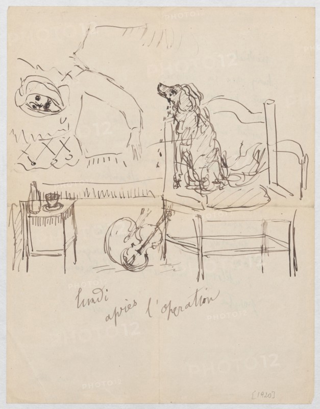 Letter to Maria Mickiewiczówna with the drawing lundi apres l'operation Makowski lying in bed with his head tied up, next to him — on a chair — a crying dog Malina, Tadeusz Makowski 1882–1932 author/illustrator; addressee: Maria Mickiewicz 1868–1952. Subjects and motifs: landscapes, portraits, portraits of artists, situational portraits, dogs, painters, illnesses, self-portraits; iconography related to Tadeusz Makowski. Date: ca. 1920. Object type: letter, manuscript, drawing. Dimensions: height 27.0 cm, width 20.9 cm., A simple ink sketch on a light beige sheet showing a loosely drawn scene with several figures and objects. A person reclines on a bed or couch on the left side, their head wrapped or covered, with a visible face turned toward the viewer and an arm extended. To the right, a seated dog with a shaggy outline sits on a bed frame drawn with curved headboard posts. Below and slightly left of center, a rounded instrument resembling a violin rests on the floor leaning against a...
