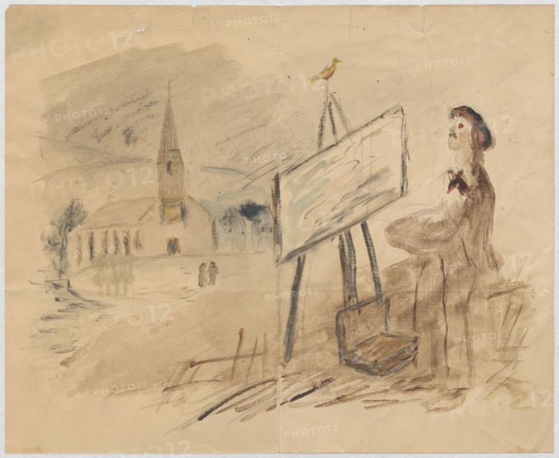 Letter to Maria Mickiewiczówna with a drawing: self-portrait of the artist at an easel outdoors against a landscape with a church. Tadeusz Makowski 1882–1932, author; addressee Maria Mickiewicz 1868–1952. Watercolor manuscript letter, depicts landscapes, self-portrait, portrait of an artist with painting accessories and easel. Inscribed/personal entry; iconography of Tadeusz Makowski. Date: 1923, place: La Comelle. Dimensions: height 17.4 cm, width 21.3 cm., A rough watercolor scene on tan paper shows a person standing at an easel holding a palette, wearing a hat and a dress in brownish tones with a small red accent near the collar; the easel holds a large tilted canvas with loose pale blue and gray brushstrokes and a small yellow bird perched atop the easel; near the easel is a wooden box on the ground and sketchy dark and brown marks suggesting brushes or tools; in the background a church-like building with a tall steeple and columns stands beside a vague shoreline or open area with ...