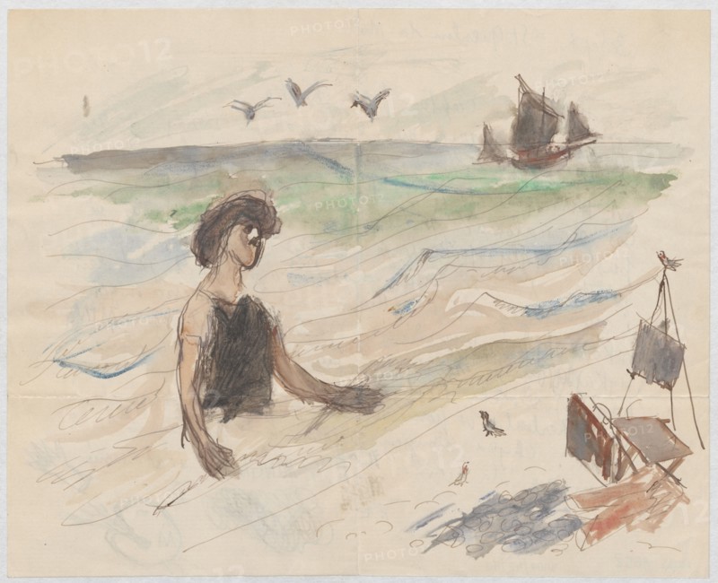 Letter to Maria Mickiewiczówna with a drawing self-portrait of the artist bathing in the sea, Tadeusz Makowski 1882–1932, addressee: Maria Mickiewicz 1868–1952. Watercolor and manuscript letter, contains iconography: self-portrait, painter, painting accessories, portraits of artists, easel, bathing, sea. Dated upper left corner: 3 Sept. 1927. Place: Saint-Quentin-la-Motte-Croix-au-Bail. Height 17.5 cm, width 21.6 cm., A loose watercolor and ink sketch of a seaside scene showing a figure with dark hair and a dark top standing waist-deep in water, with soft washes of beige, tan, blue, green, and gray suggesting waves and horizon. A few birds fly above the water rendered in gray and brown tones, and a sailing vessel with dark sails appears near the horizon in muted brown and gray. In the foreground there is a small improvised structure or boat parts in brown and gray with a few scattered objects and stones in bluish-gray, and a couple of small birds on the sand in brown and red accents. T...
