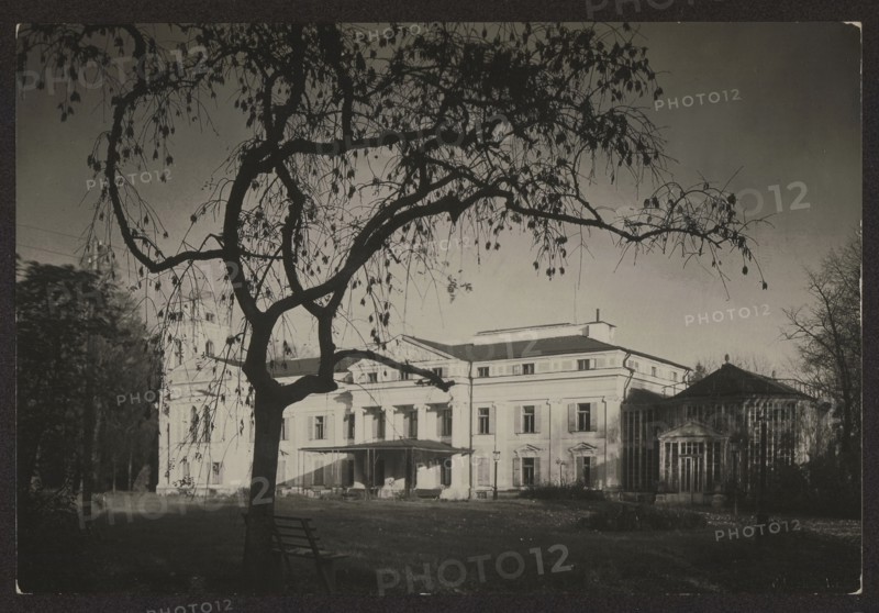 Werki — palace facade; photographer: Jan Bulhak 1876–1950; subject: palaces in Werki Lithuania, Tyszkiewicz family residence; noted by Mieczyslaw Orlowicz 1881–1959; circa 1934; location: Vilnius; nature photography; dimensions: 11.3 × 16.9 cm., A large dark tree with many thin hanging branches and sparse leaves dominates the foreground, its silhouette contrasting against a lighter sky; a simple wooden bench sits near the tree trunk. Behind the tree, a grand multi-story building with a classical facade and columned portico extends across the scene, flanked by a glass-roofed conservatory on one side. The ground in front of the building is a grassy lawn with scattered low plants and shadows. Visible colors include black, dark gray, light gray, and muted off-white tones.