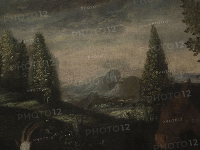 Shepherd's Scene - Jacob Preparing to Escape from Laban, unknown artist. The painting depicts a genre scene against a background of wooded hills and rocks. The sky is overcast, the whole in shades of brown, in a two-part composition, without a central scene. On the left, a sleeping man in a red coat, long boots, and a hat; nearby are a cow, a goat, sheep, and a rooster. On the right, a donkey laden with farm implements; next to him are a bent-over man and a kneeling woman in a brick-red skirt, white blouse, and sandals, preparing food in metal vessels; beside them is a spotted dog. The painting is a late, dilettante imitation of the late Renaissance studio in Bassano del Grappa, founded by Jacopo Bassano 1510–1592. Associated with the Bassano workshop. Created in the 18th century. A naive, folk transformation of Mannerist religious painting from the Venetian art scene, intended for provincial churches and chapels. From different painters, as they differ in formal features. 18th century...