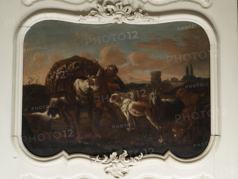 Shepherd's Scene with a Laden Donkey, Roos, Philipp Peter 1657–1706 painter. General tones of brown against a grey-blue sky with pink clouds and a slightly marked mountain range. The second plan on the right consists of buildings and clumps of trees. The foreground is a genre scene: next to a donkey laden with baskets a peasant secures the load; nearby are two dogs, two goats and two rams. 18th century, Italy; overdoor. Height 92.0 cm, width 127.5 cm., A painted scene within an ornate white frame shows a group of animals and a person under a cloudy sky. The painting includes a donkey with a woven pack, a few goats and a dog gathered around, and a person leaning close to the donkey. The background shows a landscape with low hills, a tower-like structure, and a couple of tall trees. Visible colors include muted browns, tans, creams, dark greens, deep blues, soft grays, and touches of reddish-brown and off-white in the sky, animals, and frame.