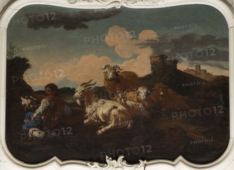 Shepherd Scene with a View of the Castle, Philipp Peter Roos 1657–1706. Multicolored composition with dominant shades of brown against a blue sky with white clouds and a distinct pink glow. In the foreground, the central group consists of two goats, a male and a female, lying down, with a male goat standing behind them. On the left, a slope, a dog, and a shepherd sitting in half-profile, wearing a brown sheepskin coat, blue trousers, a white shirt, and stockings. On the right, in the background on a hill, two cylindrical buildings and castle buildings behind them. 18th century, Italy. Overdoor. Height 92.0 cm, width 115.0 cm., A pastoral scene shows a group of animals and a person in a landscape under a sky of blue and gray with pinkish clouds; several shaggy white and brown goats lie and stand in the foreground, their fur rendered with visible texture, and a larger brown ram stands behind them. A person wearing garments in shades of brown, blue, and white reclines near the animals, wi...