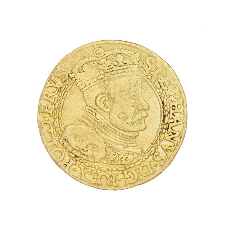 Gdansk ducat, Stefan I Batory king of Poland; 1575–1586 author, Poland place of origin, Gdansk locality, coin, A round coin with a worn surface showing a raised profile of a person wearing a crown and a high collar, surrounded by a beaded border and decorative elements, all in shades of gold and yellow.