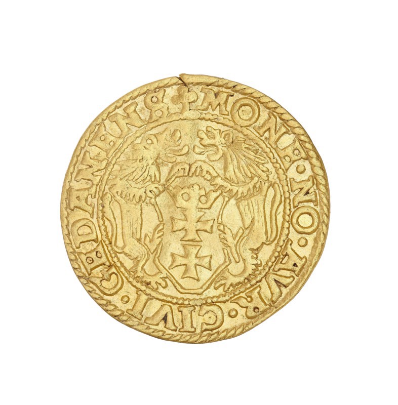 Gdansk ducat, Sigismund II Augustus King of Poland; 1544–1572, Poland, Gdansk mint, coin, A round coin with a worn, textured surface in shades of gold and yellow, showing a raised central shield flanked by two stylized animals facing each other and standing on hind legs, surrounded by a decorative circular border and an outer ring with embossed characters, the coin edge appearing slightly irregular with small nicks and a few darker blemishes.