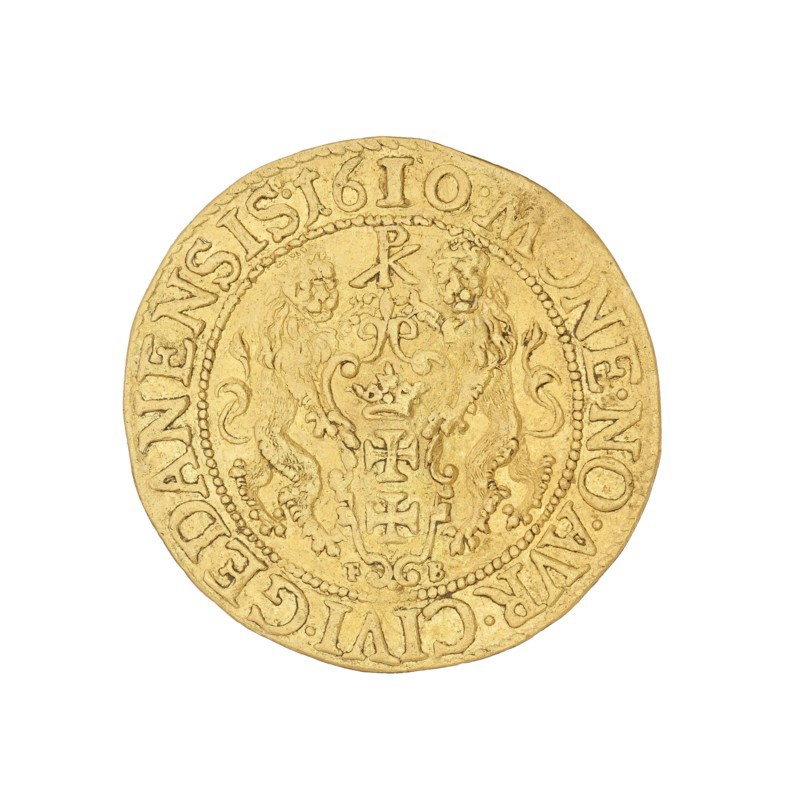 Gdansk ducat, Sigismund III Vasa king of Poland; 1587–1632 author / role: ruler, Poland, Gdansk, coin, A circular golden coin with a slightly irregular edge, showing a raised decorative border and an inner circular beaded rim; within the inner area there is a central shield topped by a small crown flanked by two upright heraldic lions facing inward, and ornate scrollwork around them; the coin surface shows textured relief and wear with a few shallow scratches and dents; the visible colors are shades of gold and pale yellow.
