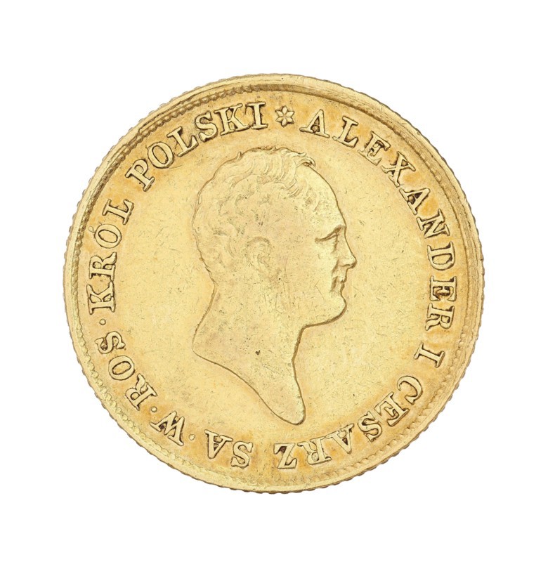 Polish double zloty — 50 zloty; maker: Jakub Benik 1772–1827, Intendant of the Mint; co-author: Alexander I Romanov Emperor of Russia; King of Poland; 1777–1825; mint: Warsaw; object: coin., A round metallic disc with a warm golden color showing a raised profile of a person's head in side view centered on the surface, surrounded by a raised rim and a decorative beaded edge; the disc surface has slight scratches and varied patina with areas of brighter and duller gold.