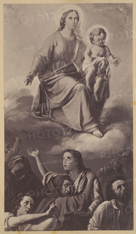 Photograph of a painting: Ignacy Jasinski 1833–1878, Protection of the Blessed Virgin Mary, 1867; Ignacy Jasinski 1833–1878 — reproduction, religious painting, Virgin Mary iconography; print glued across the entire surface to the recto page of the 17th album page, ca. 1880; photograph of a work of art, reproduction of a work of art, photograph in an album; height 20.5 cm, width 11.6 cm., A tall figure in flowing robes sits on a cloud with a smaller childlike figure on their lap; both have faint halos and the tall figure wears a head covering, with drapery folds and exposed feet visible. The child is partially draped and makes a gentle hand gesture. Below them a group of people look upward with varied expressions; one person raises an arm, another clasps someone’s shoulder, and a few have covered or turned faces. The scene is dominated by shades of beige, gray, brown, and muted cream, with soft cloud formations behind the seated figures and darker clothing tones on the people below.