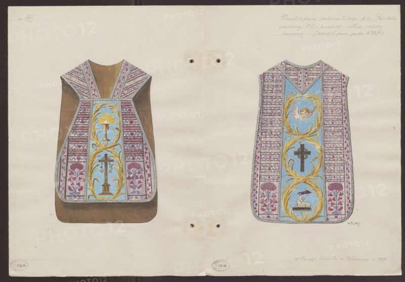 Siennica Masovian Voivodeship. A violin chasuble made of a silver-leaf belt from the Paschalis Jakubowicz factory in Lipków 1790–1794 and a blue column embroidered in gold, from the furnishings of the post-Reformati Church of the Presentation of the Blessed Virgin Mary — back view in a scale of 1:5, Sztolcman, Wladyslaw Roman 1873–1950 painter/author; Siennica Masovian Voivodeship, post-Reformati Church of the Presentation of the Blessed Virgin Mary Siennica; drawing documentation; chasubles; fabrics; clothing; Paschalis Manufactory Jakubowicz belt manufacturer; 1788–1794; liturgical vestments; liturgical fabrics; clergy clothing; kontusz belts; 1917 before 21.09.1917; artistic documentation; watercolor; drawing, The image shows a flat illustration of two ornate vestment-like garments side by side on a light beige background with a vertical crease down the center; both garments feature a central vertical panel in pale blue adorned with golden vine-like scrolls and religious motifs, fla...