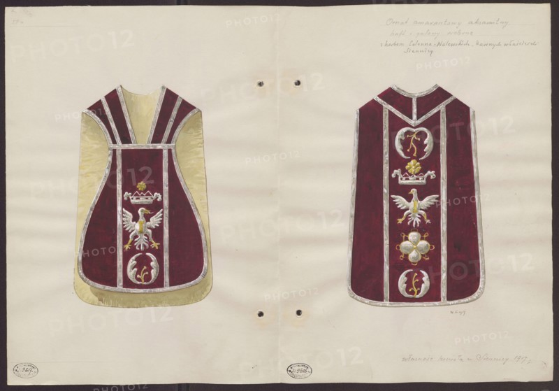 Siennica Masovian Voivodeship. A violin chasuble made of red velvet, with silver braid and earlier embroidery on the column, sewn in at the end of the 19th century — back view in a scale of 1:5, by Wladyslaw Roman Sztolcman 1873–1950; drawing, watercolor, artistic documentation; fabrics, clothing, chasubles, liturgical fabrics, liturgical vestments; post-Reformati Church of the Presentation of the Blessed Virgin Mary Siennica; Walewski family coat of arms, eagle iconography; dated 1917 before 21.09.1917., The image shows a symmetrical page with two garment-like panels drawn side by side on a pale cream background; both panels feature a deep maroon central area bordered by silver trim and pale gold surrounding sections, with decorative motifs including a stylized bird with outstretched wings, crown-like shapes, floral or rosette elements, and curved ornamental forms rendered in silver, white, gold, and touches of yellow; the left panel has a pale gold outer field with maroon inset and s...