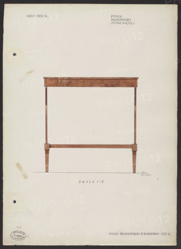 Mahogany table from the furnishings of the Belweder Palace in 1915 — front view at 1:5 scale. Maker/draughtsman: Mieczyslaw Kotarbinski 1890–1943. Furniture; Biedermeier style; 19th century; tables. Related to Belweder Warsaw; palaces; crafts; World War I 1914–1918; dated 1915 before 20.09.1915. Artistic documentation: drawing and watercolor. Watercolor composition: height 14.2 cm, width 14.2 cm. Card: height 36.0 cm, width 26.1 cm., The image shows a drawing of a simple wooden table viewed from the front, rendered on a cream-colored sheet with a dark border; the table has a rectangular top with a mottled brown wood grain, slender straight legs in a medium brown tone connected by a horizontal stretcher in a similar brown, and small block-like ankle sections where the legs meet the stretcher; the background sheet is off-white with a few faint stains and beige tape marks, and there is a small circular dark hole near the left edge.