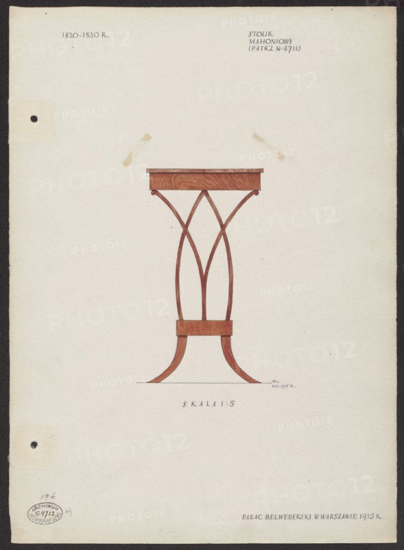A mahogany table from the furnishings of the Belweder Palace in 1915 — side view in a scale of 1:5. Kotarbinski, Mieczyslaw 1890–1943 author/illustrator. Furniture; Biedermeier style; 19th century; Belweder Warsaw; tables; crafts; palaces; World War 1914–1918; 1915 before 20.09.1915; Warsaw. Artistic documentation: drawing, watercolor. Composition watercolor height 14.2 cm, width 7.8 cm; card height 36.0 cm, width 26.1 cm., A drawing of a wooden pedestal-style table rendered on a cream background, showing a rectangular top with visible wood grain in brown tones, a narrow central column formed by several curved wooden slats that intersect to create arch-like shapes, a small rectangular block near the base, and outwardly curved feet finished in the same brown wood tones; the image includes a few small tape marks and a couple of dark circular holes near the left edge, with overall colors of cream, brown, and small dark accents.